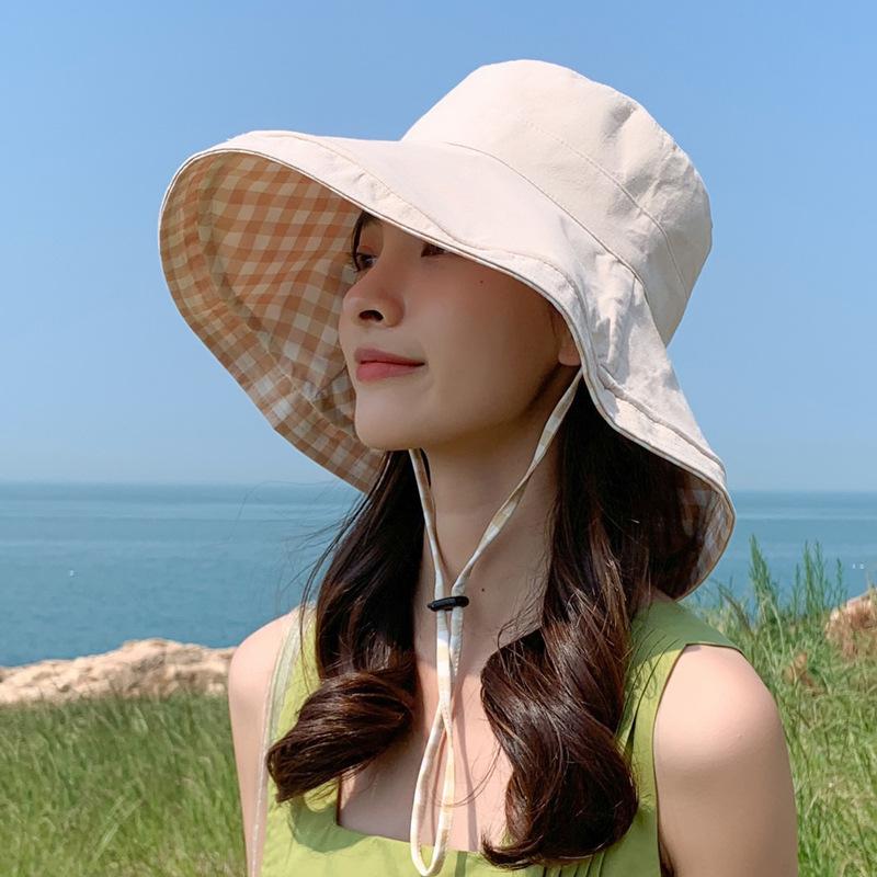 

Модная шляпа от солнца, женские модели, можно складывать, летняя, с большими полями, солнцезащитная шляпа от солнца, закрывающая лицо, клетчатая шляпа рыбака 56-58cm