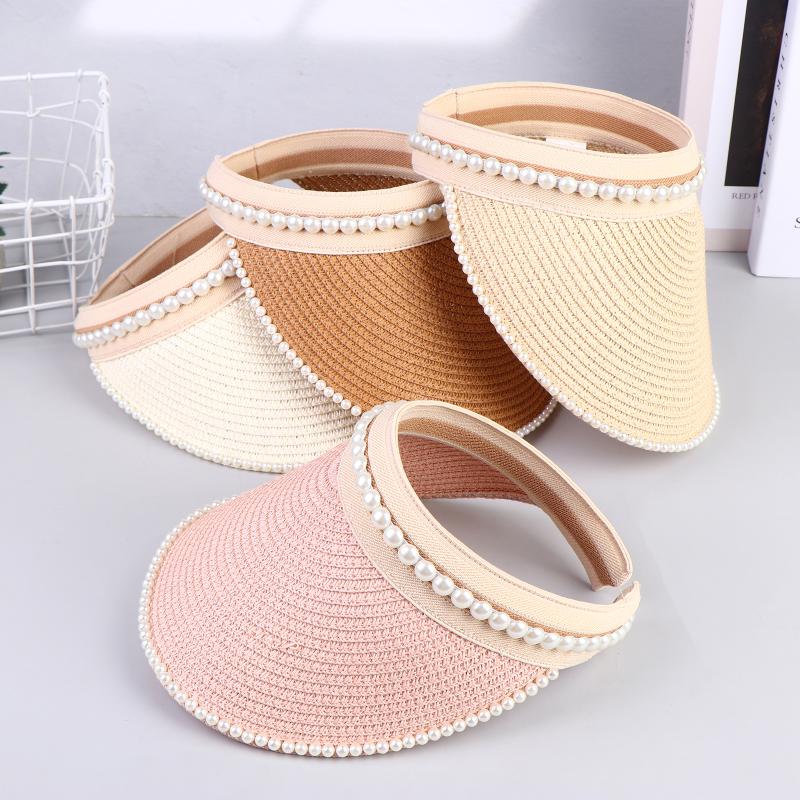 Imitation Pearl Empty Top Straw Hats For Women Casual Summer Beach Visor Caps Foldable Wide Large Brim Sun Uv Protection Caps