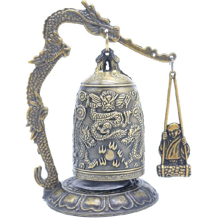CYRAN Fengshui Vintage Small Dragon Bell Buddhist Collectibles Ornaments, Good Luck Bell, Meditation Home Office Decor Monk