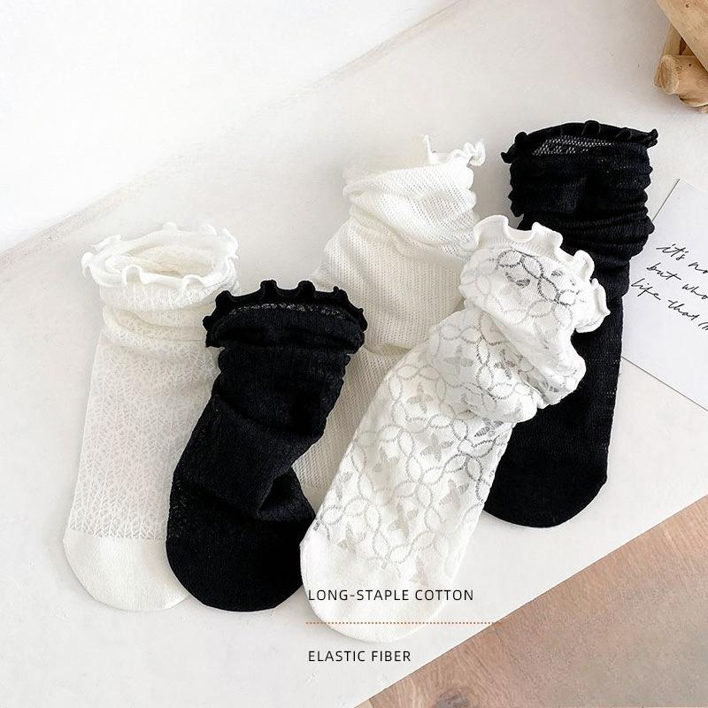 Lace Hollowed-out Mesh Princess Socks, Black and White Retro Black Ear-trimmed Women's Pile-up Socks, Long Socks