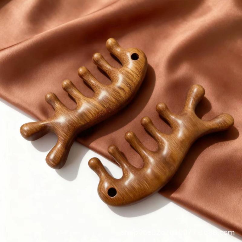 Sandalwood Seahorse & Dolphin Five-Tooth Comb with Five-Ball Massager and Coarse-Tooth Ball-Head for Meridian Massage