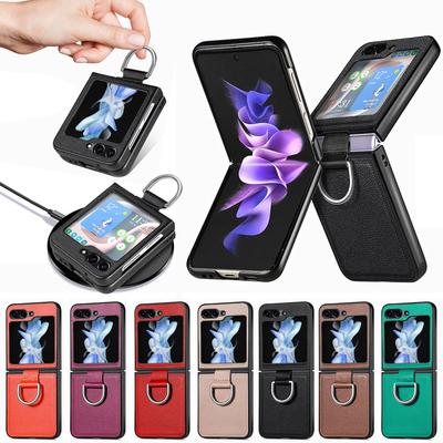 Luxury Leather Finger Ring Case for Samsung Galaxy Z Flip 5 Flip5 Flip4 Flip3 Flip2 Flip 4 3 2 Zflip5 5G Cell Phone Cover Capa