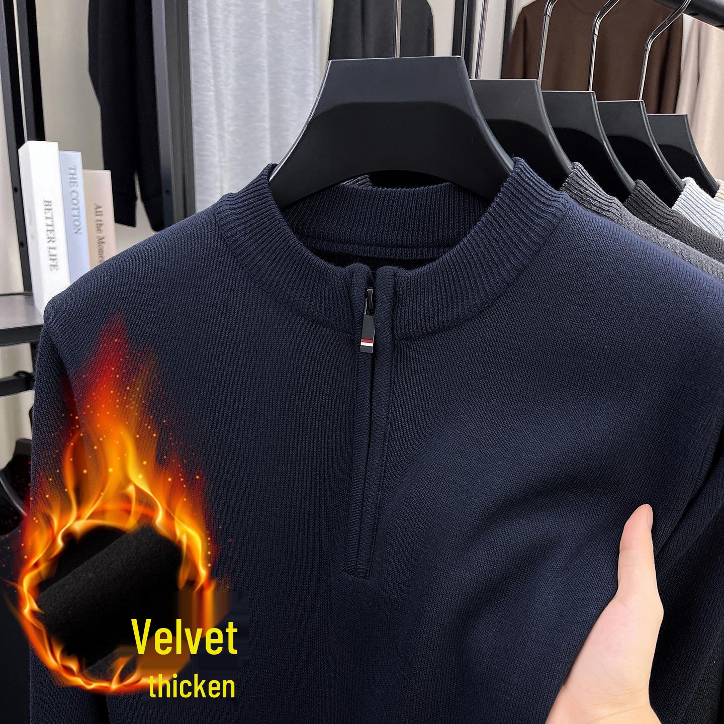 Men s 2025 Winter Fleece Half-Zip Knit Sweater - Solid Color, Thick & Warm 3XL