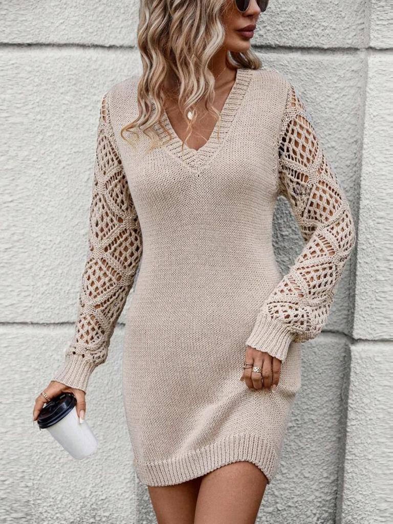 Color Block Open-Front Knit Sleeves Sweater Dress