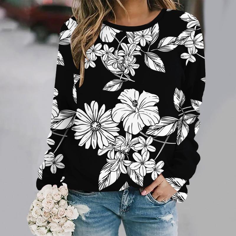Fashionable round neck long sleeved printed casual loose streetwear XS