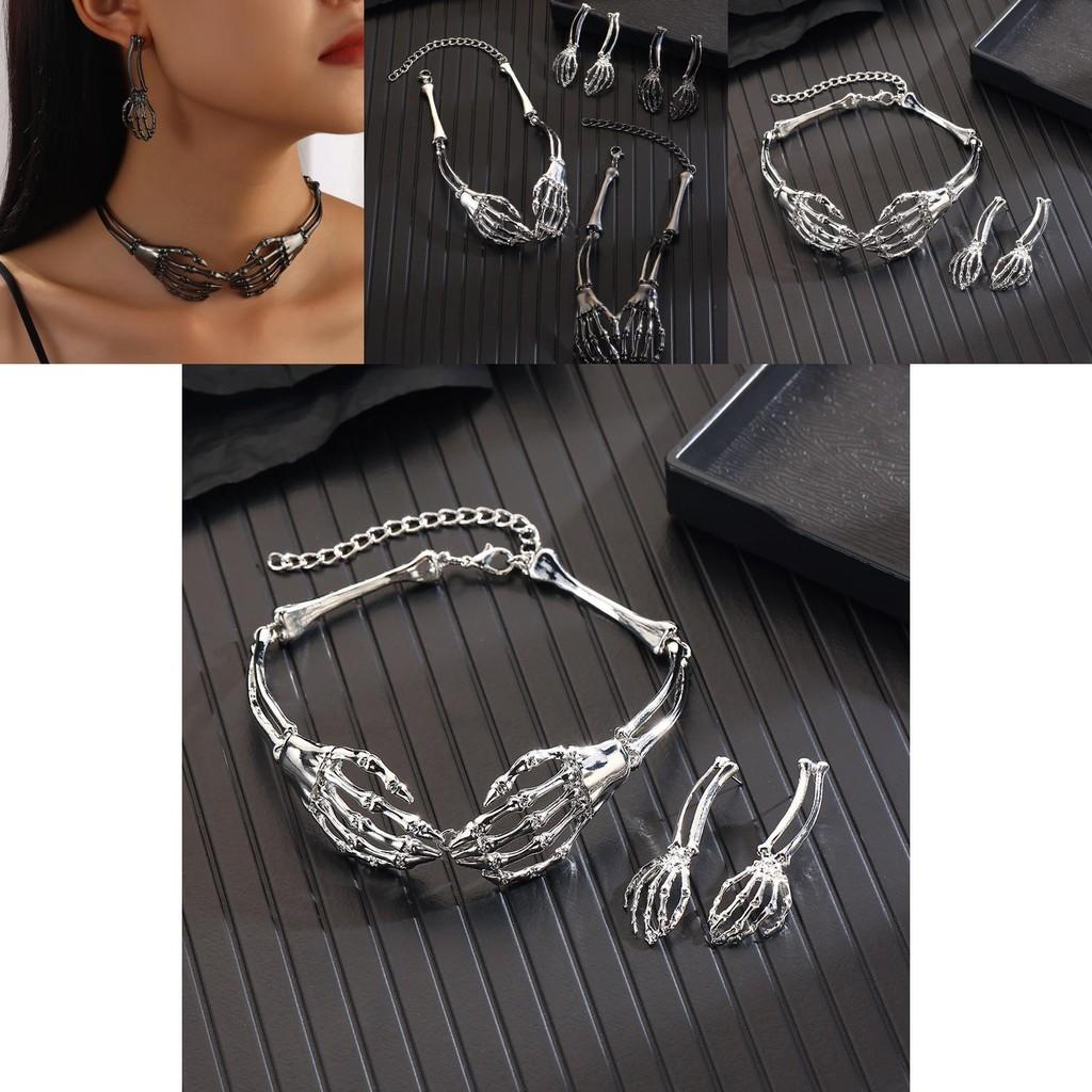 Gothic Punk Skeleton Necklace Earring Set With Metal Bone Hands For Halloween Costume