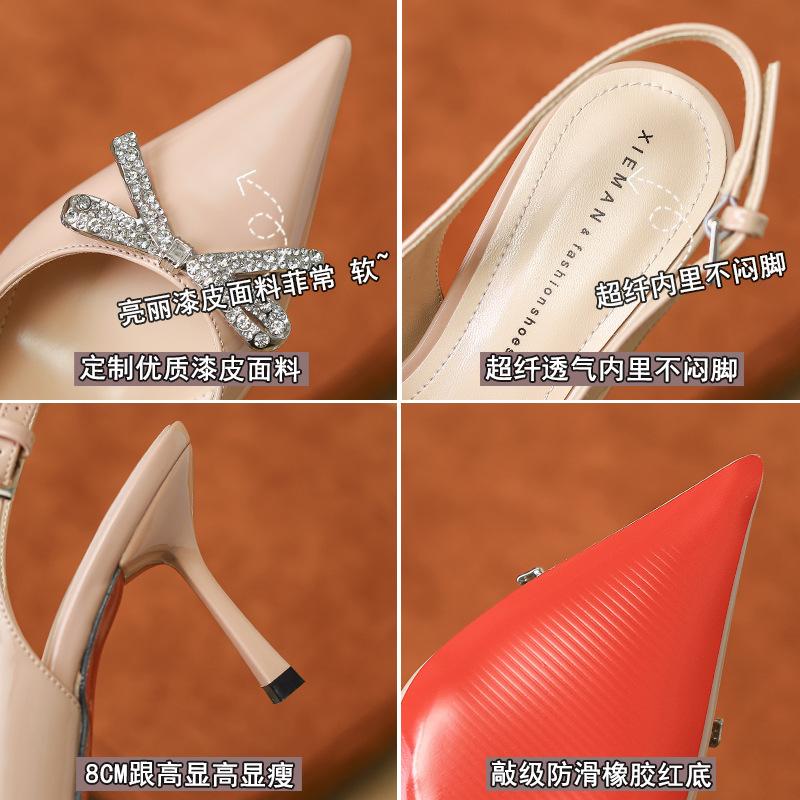 Fashion spring and summer new high-end pointed rhinestone bow silver patent leather high heels women