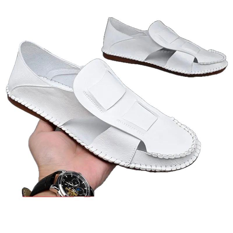 Summer Fashion New Men's Gladiators Black White Silp On Pu Leather Casual Shoes Male Breathable Beach Sandals Outdoor Slippers