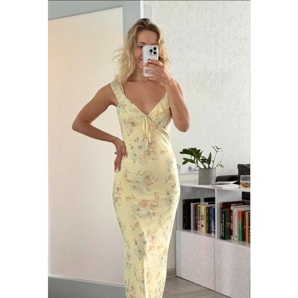 Sukienka damska seksowna z niskim dekoltem z nadrukiem kwiatowym bez rękawów bez pleców dopasowana sukienka na ramiączkach wakacje na plaży pani vestidos