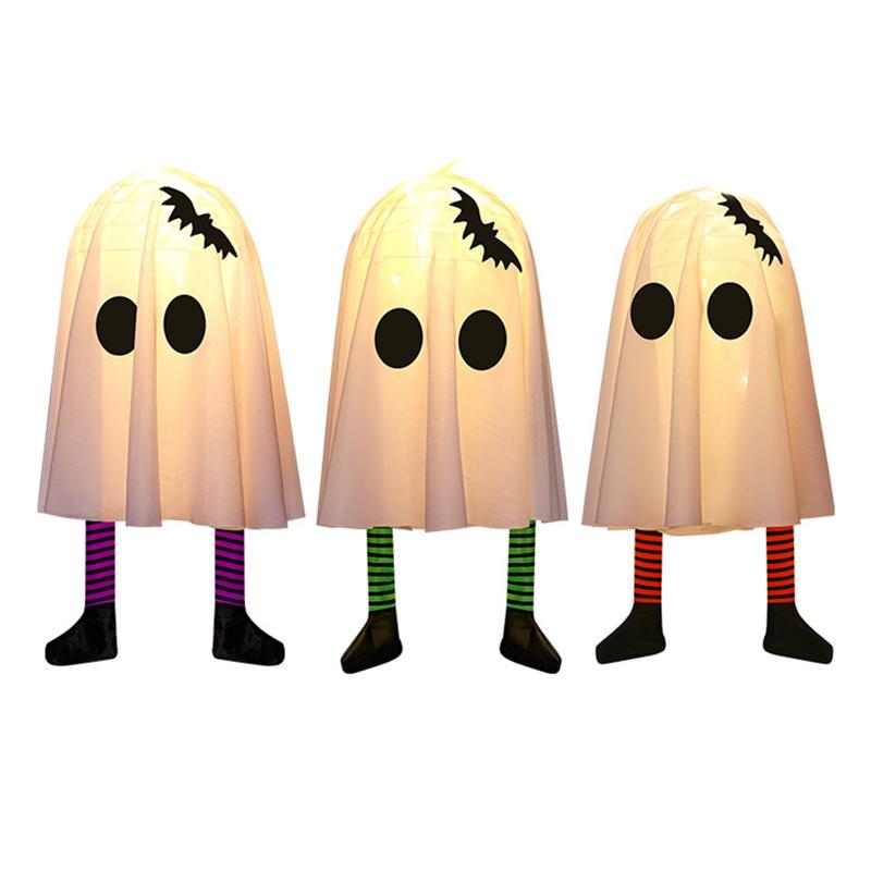 A84X-3PCS Halloween Decorative Lights- Hanging Ghosts With Bat Striped Stockings, Glowing Spooky Ornament Witch Hats