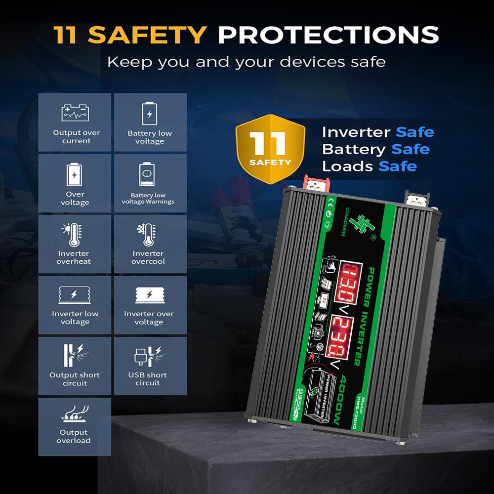 300W/4000W Portable Car Inverter DC 12V To AC 110V/220V Dual USB/AC Ports for Outdoor Camping & Appliances No Battery Included
