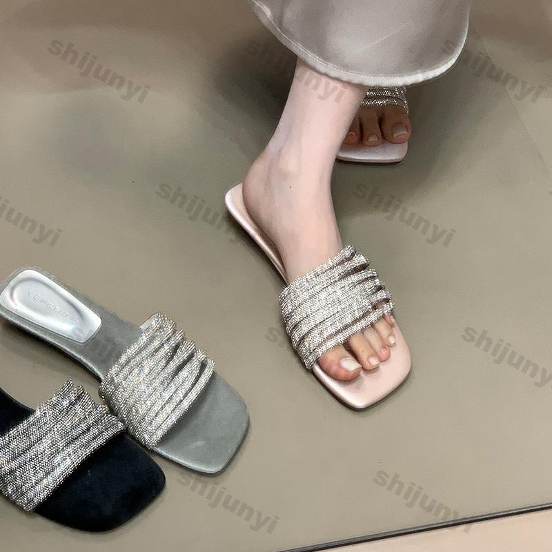 Women's One Word Slippers Summer New Outdoor Rhinestone Square Toe Sandals Luxury Comfortable Lightweight Casual Shoes