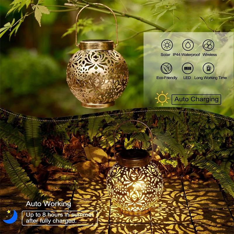 Solar Led Lantern Light Outdoor Hanging Projection Light With Hollow Wrought Iron Design Waterproof Yard For Garden Art Decoration