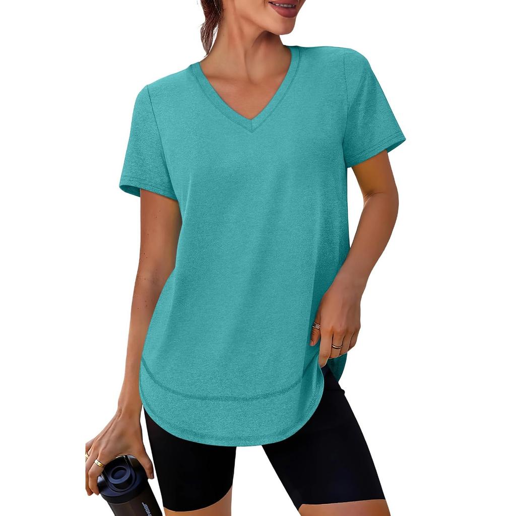 Women's Casual Loose-Fit Fashionable -Color Short-Sleeve V-Neck Pullover T-Shirt