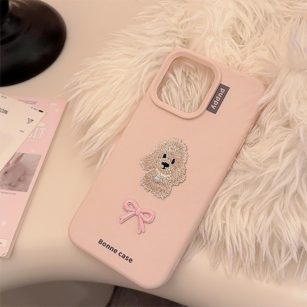 Ins Bow Embroidered Puppy 16 Mobile Phone Case Apple 17 Anti-fall Iphone15pro Max Suitable for 13 Sweet Girls