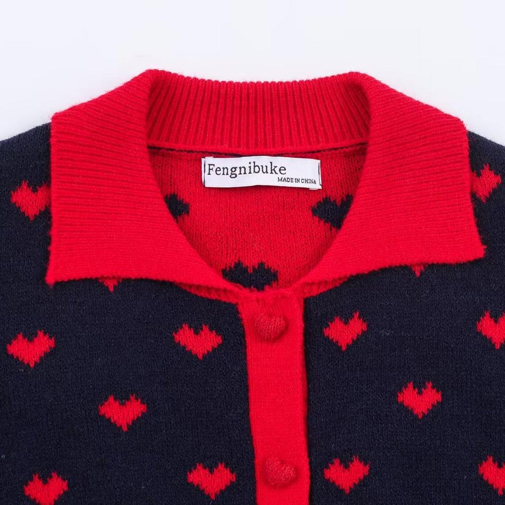 European Style 2026 New Fashion Heart-Shaped Jacquard Knit Cardigan for Women
