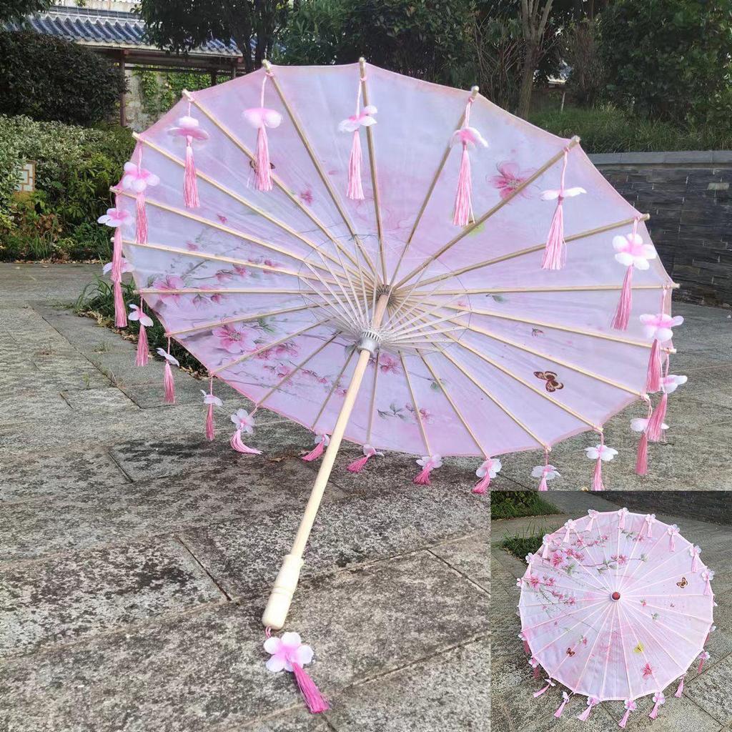Ancient Style Oil Paper Umbrella with Petal Tassel for Children's Hanfu Dance