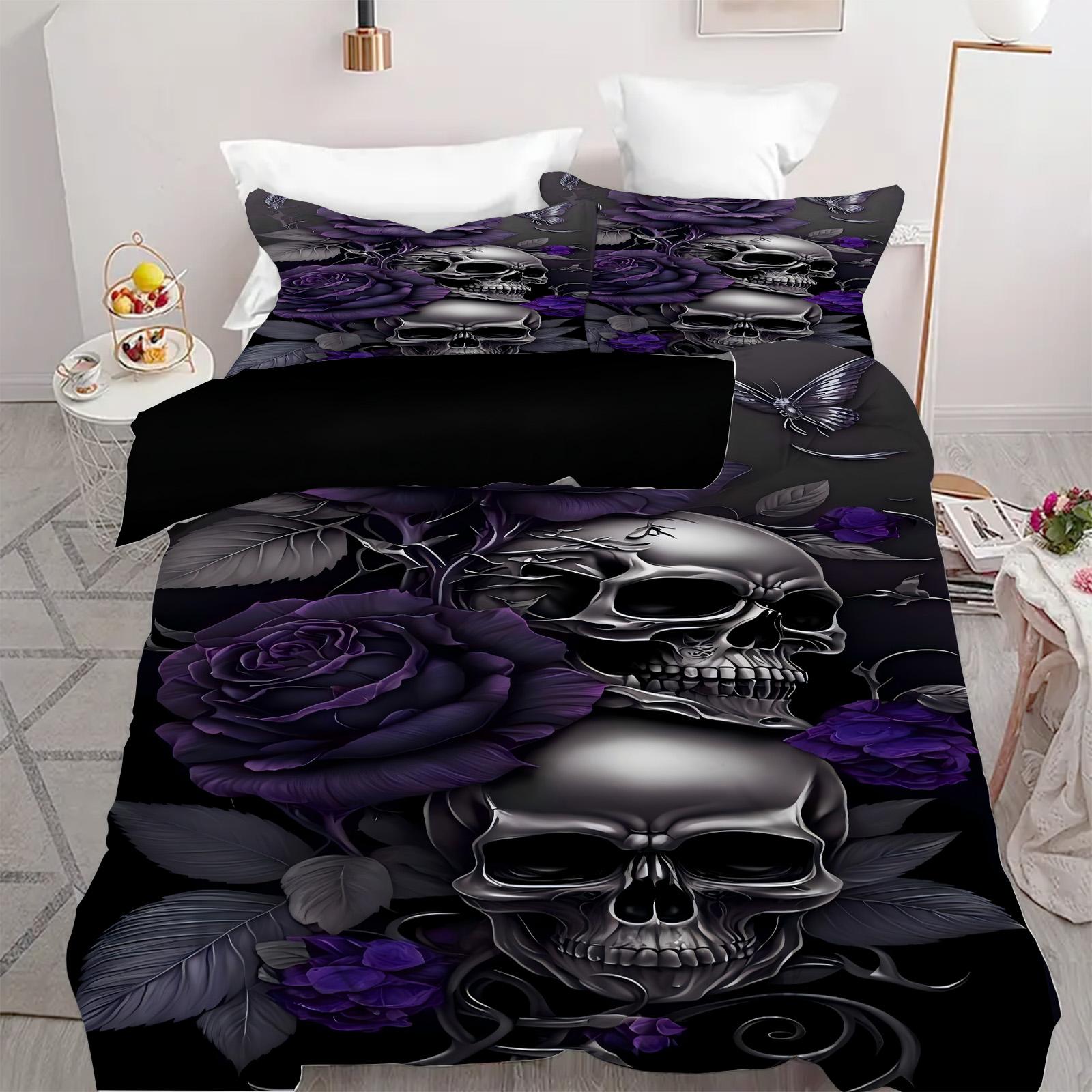 

Постельное белье Скелет Фиолетовая Роза Морской Принт Пододеяльник Хэллоуин Готический Стиль Комплект Постельного Белья Полиэстер Мягкий Удобный Пододеяльник Наволочки 135x200cm 2pcs