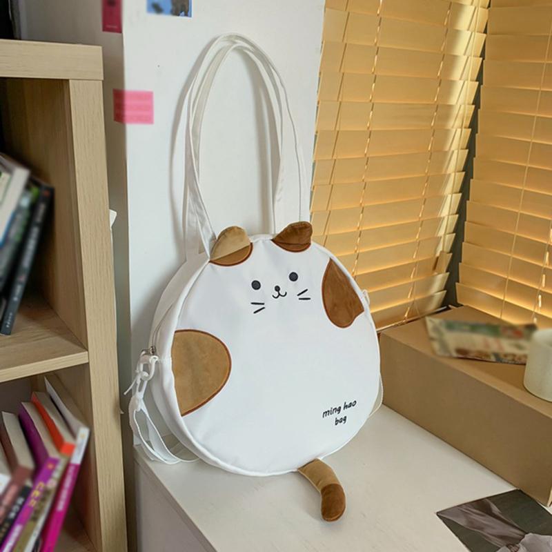2025 New Leisure Fashion Embroidered Large Capacity Shoulder Bag Cute Cartoon Cat Commuter Canvas Small Round Bag