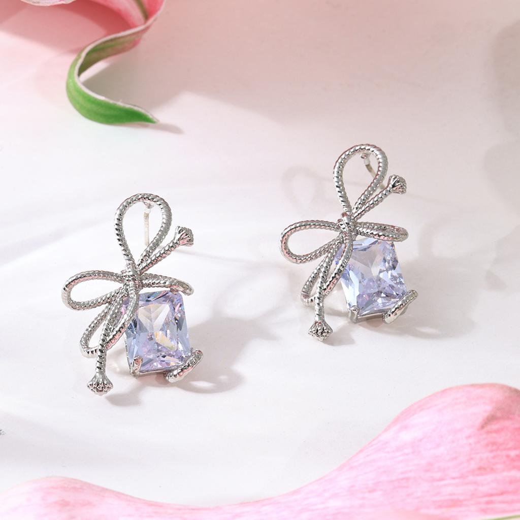 Popular ins super fairy design rope big gem pendant bow copper stud earrings spring and summer tide
