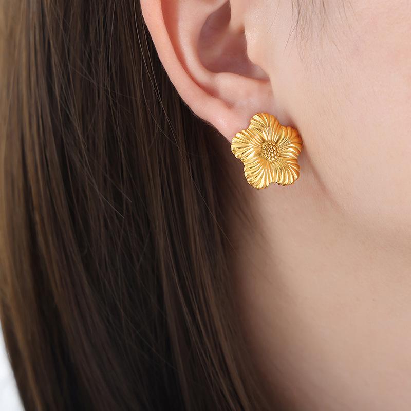 Gold-Plated Floral Geometric Titanium Steel Earrings - Empress Fairy Style