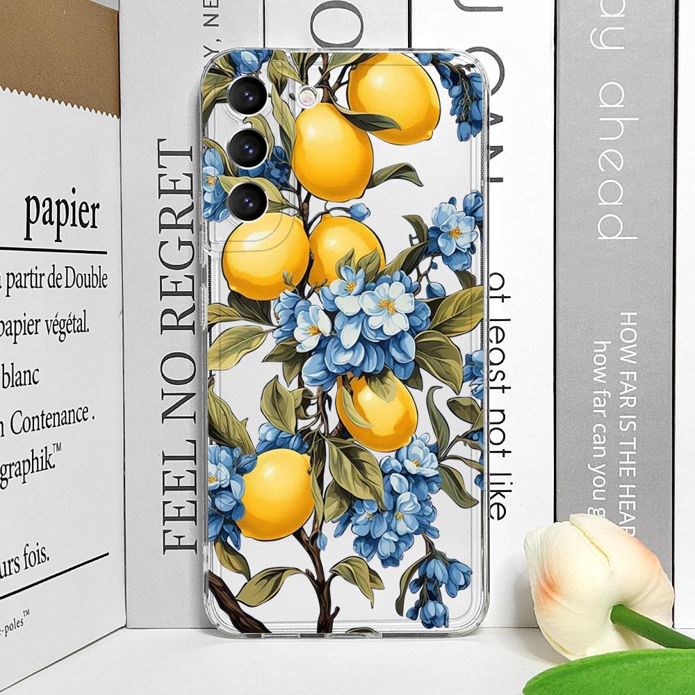 Blue Leaf Yellow Lemon Fresh Printed Clear Phone Case for Samsung Galaxy S26 S25 Ultra S24 S23 S22 Plus S21 FE S20 5G Soft Cover