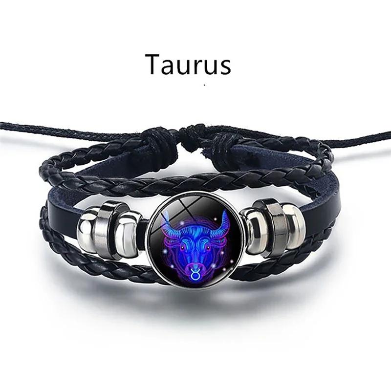 12 Constellation Luminous Bracelet Men Women Couple Multi-Layer Handmade Woven PU Rope Charm Bracelet Wristband Jewelry Gifts