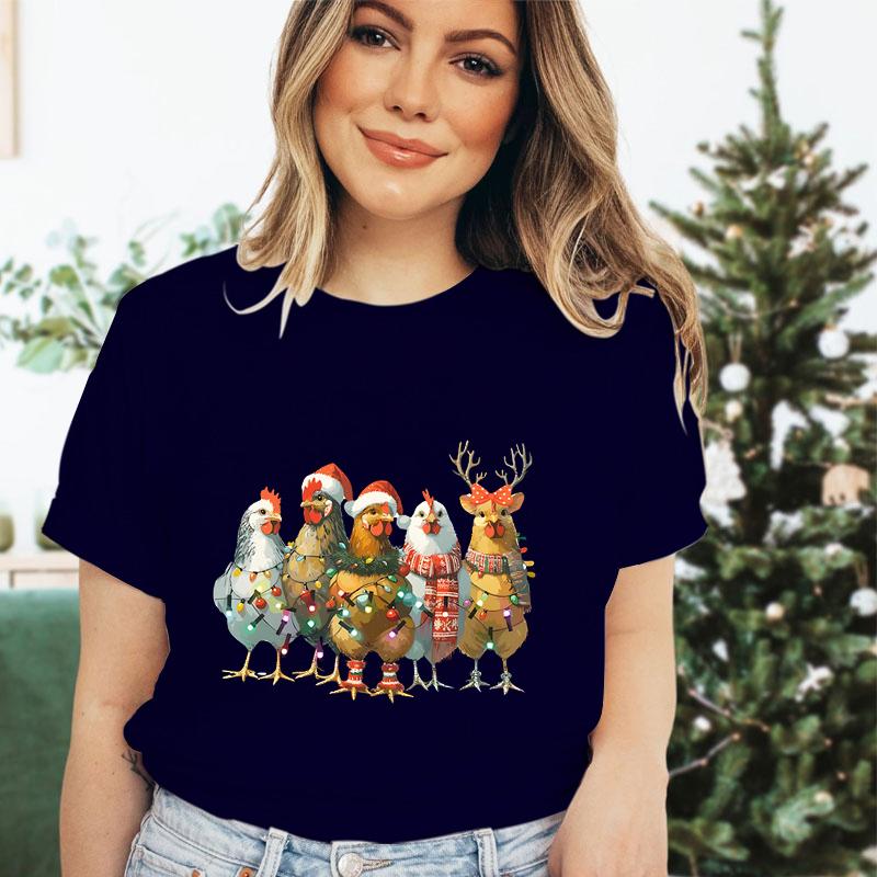 Festive Fashion Tshirt Women Merry Christmas Chicken Cartoon Tshirts Country Life Lovers Christmas Party Gift Essential Tops