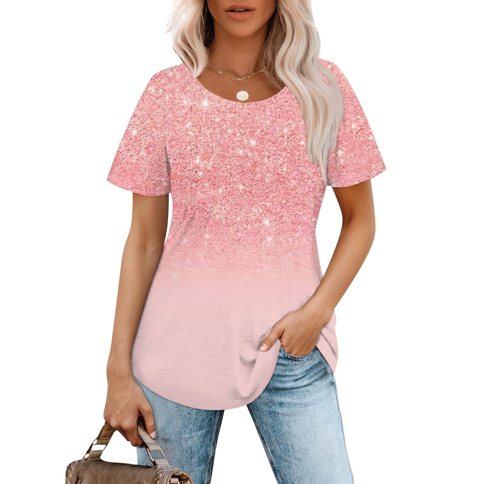 

Women s Fashionable Casual Pleated Round Neck Gradient Printed Short Sleeved T-shirt Top L розовый