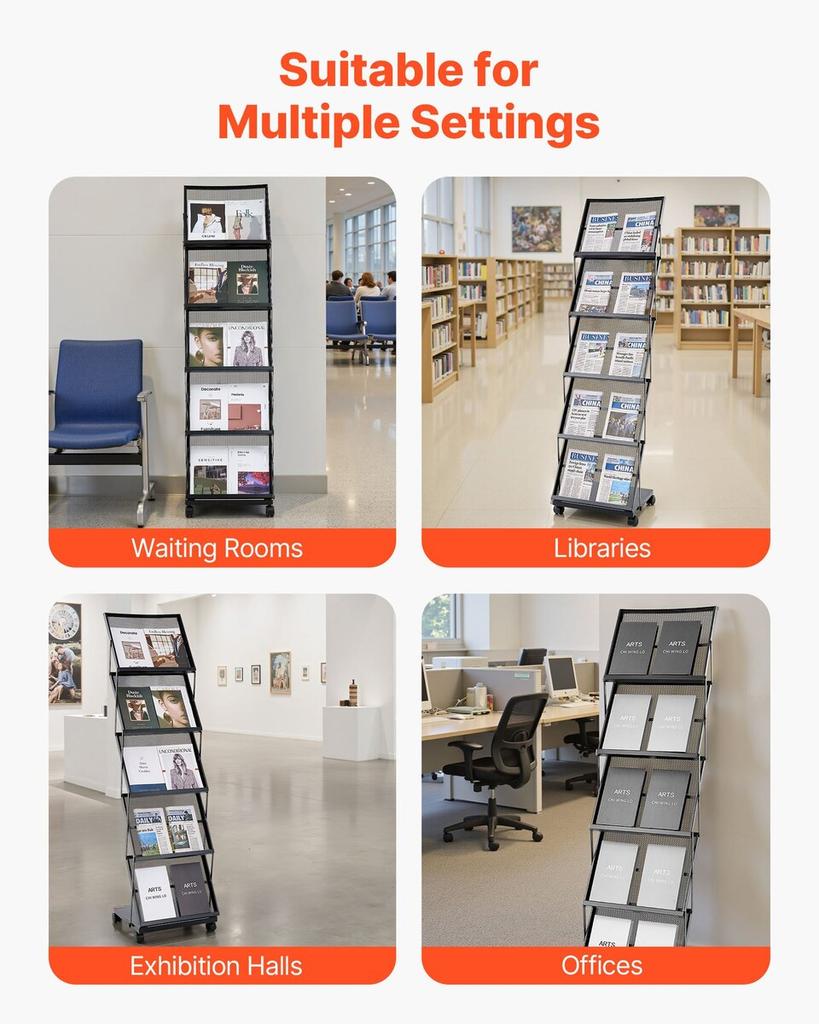 Brochure Display Rack, Foldable 5 Pockets Magazine Literature Display Stand, Movable Floor Standing Magazine Rack with Wheels, Metal Newspaper Catalog