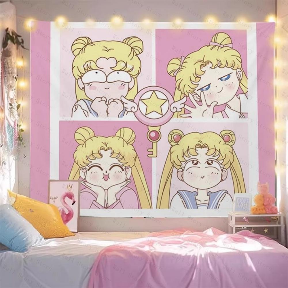 Magical Girl Tapestry Moon Print Pink Aesthetic Wall Hanging for Bedroom Tapestry Dorm Cute Cartoon Background for Home Tapestry