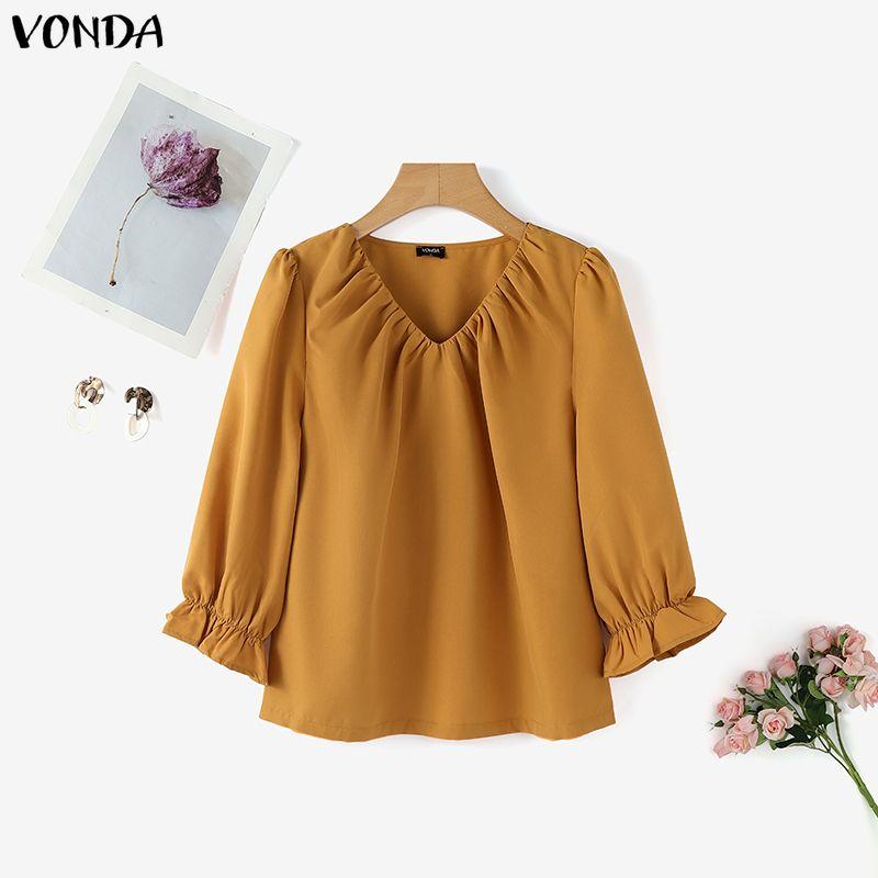 VONDA Damen Plissee V-Ausschnitt 3/4 Ärmel Einfarbig Lässige Bluse