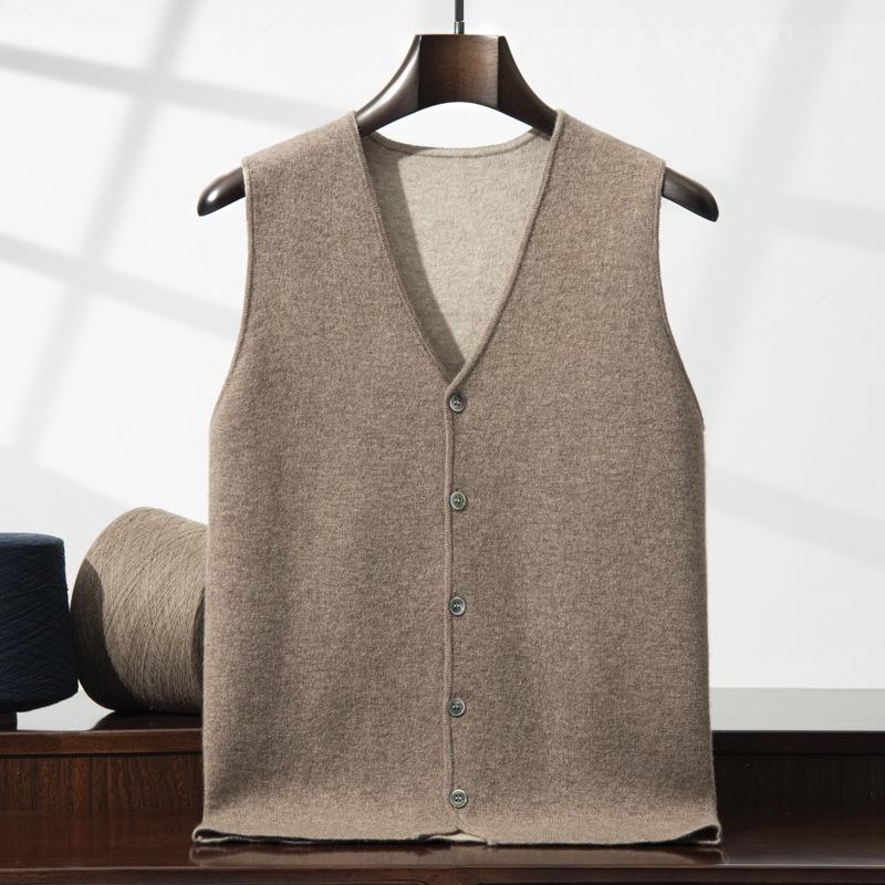 Men's Loose Casual V-neck Color Block Thickened Cashmere Knitted Sleeveless Vest Cardigan