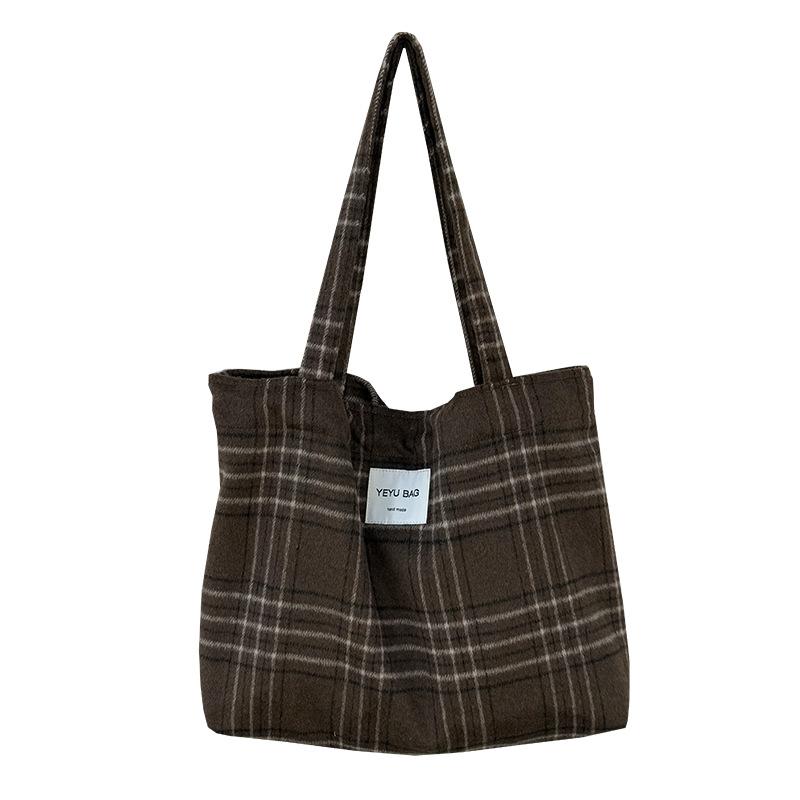 Autumn Ctrast Color Plaid Woolen Shoulder Bags for Women Retro Large Capacity Ladies Tote Bag Casual Travel Female Handbags