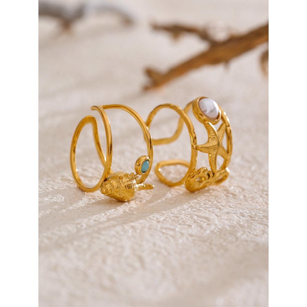 Eetit Ocean Style Seahorse Starfish Shell Open Adjustable Ring PVD Plated Golden Holiday Finger Adjustable Jewelry Wholesale