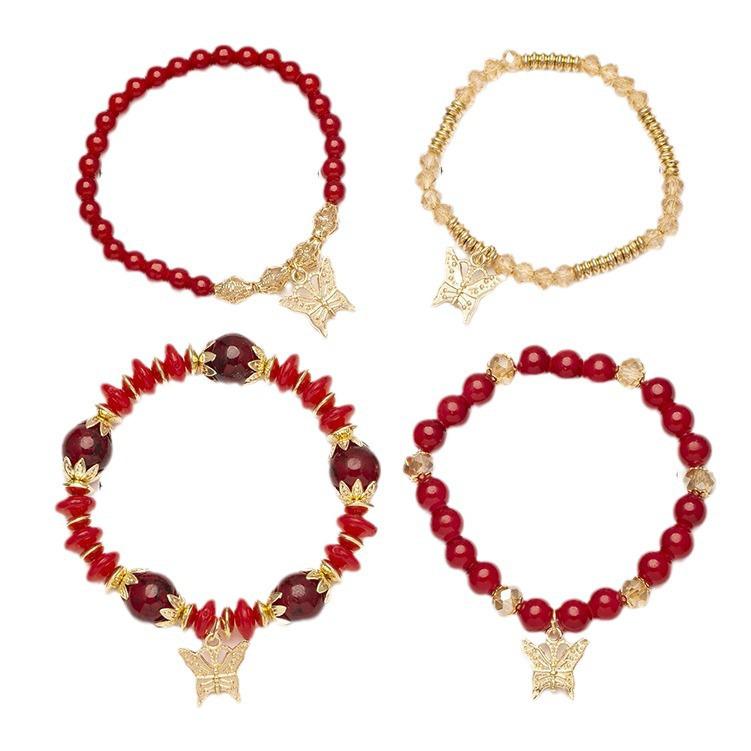 Bohemian Multi-layer Crystal Beaded Butterfly Pendant Stacking Bracelet