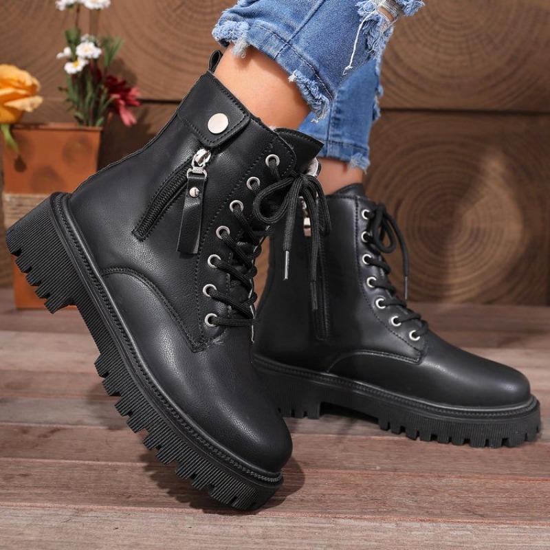 New Women Platform Boots Solid Color Lace Up Side Zipper Ankle Boots Winter Women Shoes Large Size Ladies' Shoes