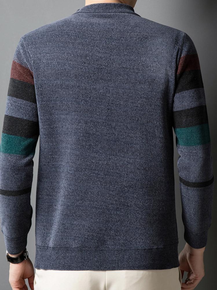 Winter Striped Crew Neck Sweater for Men - Casual Polyester Blend, Medium Stretch, Long Sleeve Knit Pullover with Rib-Knit Regular Fit Warm Sweater