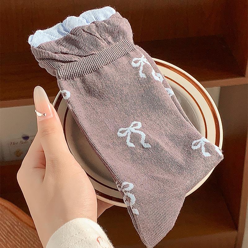 Bow Bubble Mouth Lolita Socks Style Spring And Autumn Mid-Tube Socks Lace Pile Socks