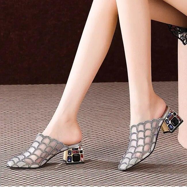 Crystal Half Slippers Female Thick Heels 2024 New Summer Fashion Outside Wear Medium Heel Mesh Cool Female Soft  Baotou Sandals