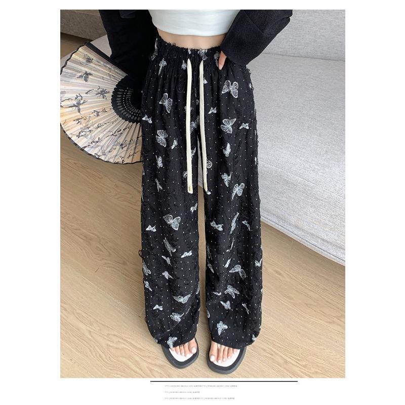 Wasteland Style Ripped Butterfly Printed Casual Pants for Women In Summer New Design Draped Straight Wide-leg Pants