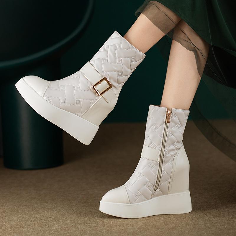 12CM ultra-high heel inner height increase and thin fashion boots autumn and winter new British pointed thick-soled belt buckle Martin boots women