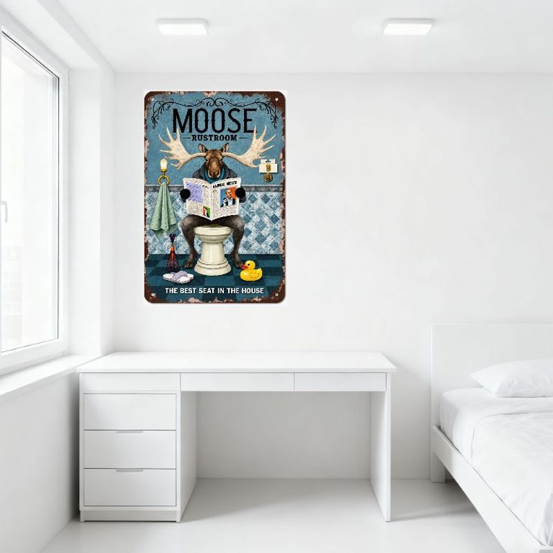 Vintage Humorous Moose Bathroom Metal Sign - Moose On Toilet with Newspaper, Blue Robe, ANIMAL NEWS, Rustic Whimsical Home Bar D