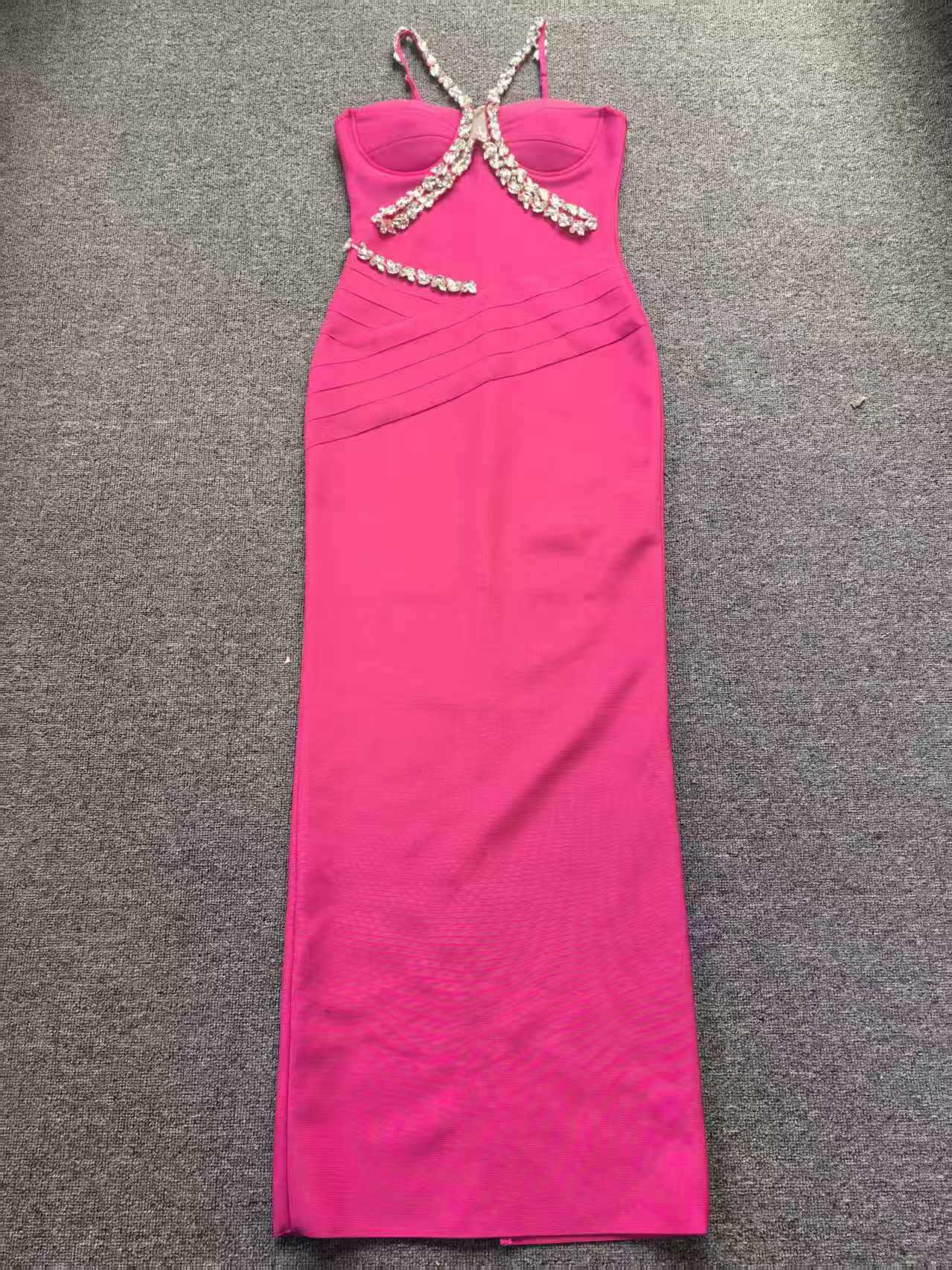 

High-End Deep V Spaghetti Strap Evening Gown: Women s Slim Fit Sparkling Rhinestone Bandage Dress Medium фуксия