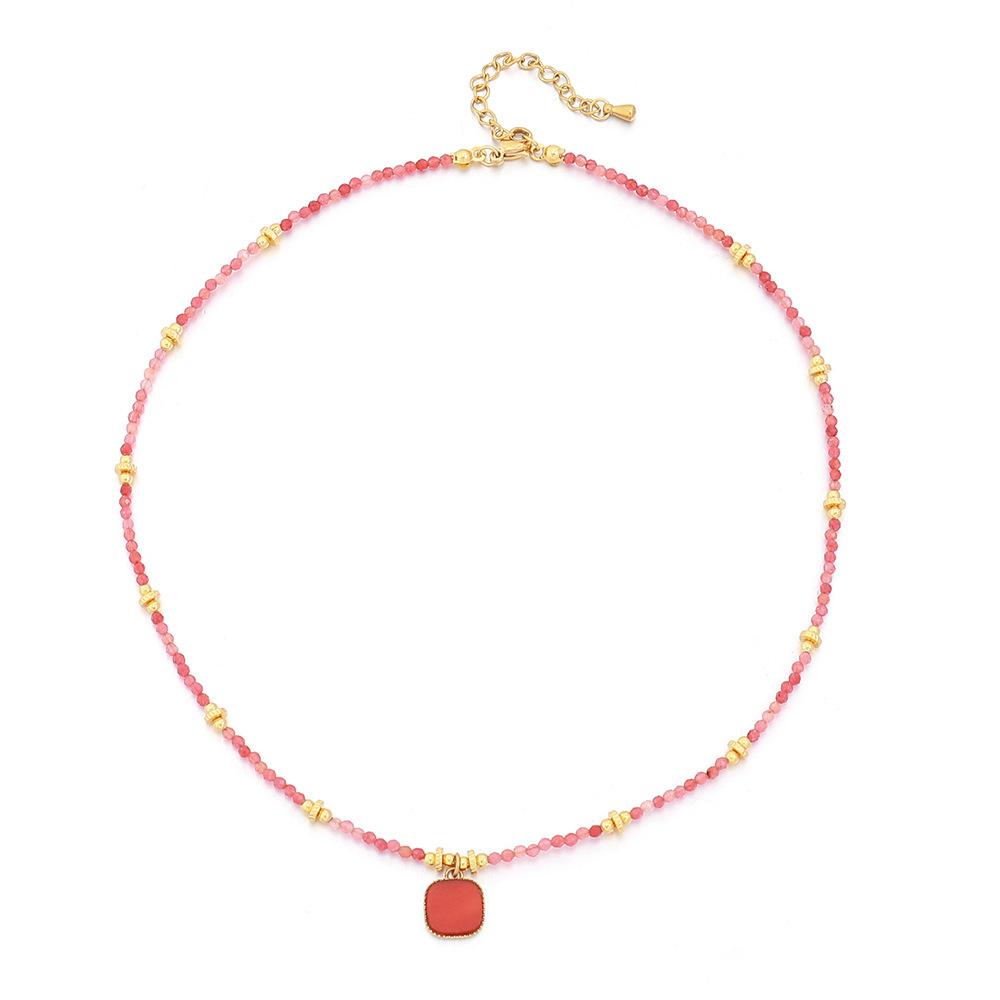 GEMCHIC Women s Red Natural Stone Beaded Necklace with Square Pendant, Gold Plated Brass Choker