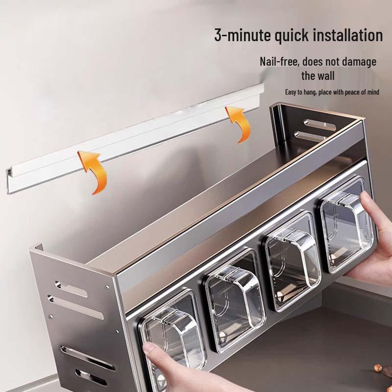 Raft de depozitare pentru bucătărie montat pe perete cu borcane pentru condimente