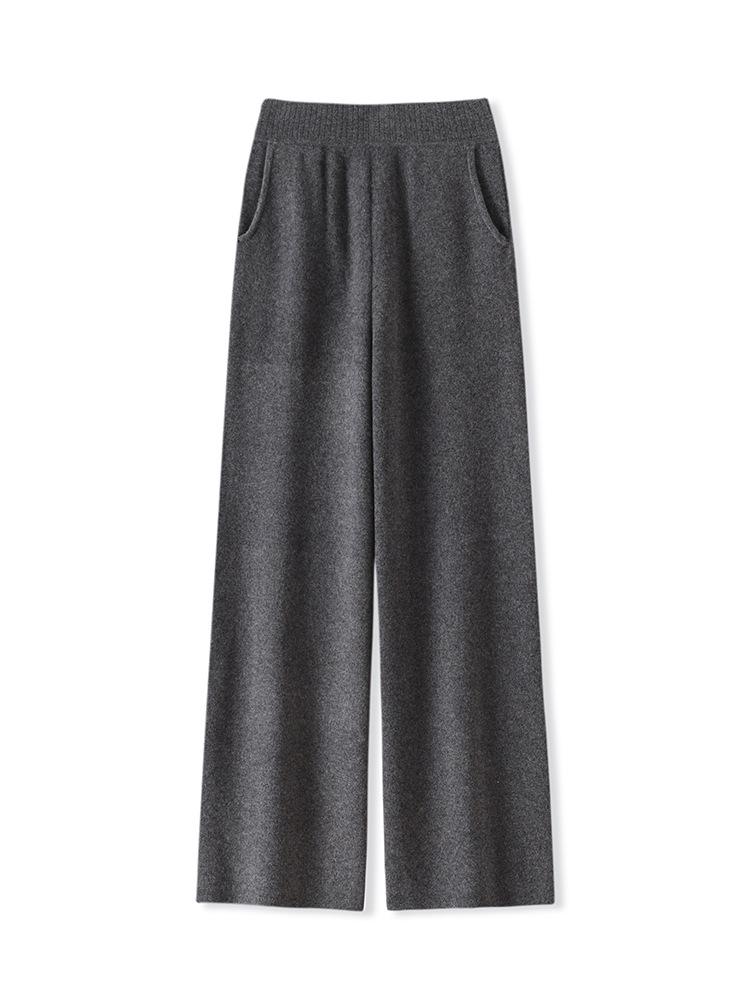 Women's 100% Wool Knit Wide-Leg High-Waist Floor-Length Pants for Autumn/Winter Casual Wear