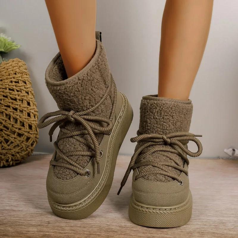 Fashion Fashion Lace Up Design Platform Womens Snow Boots Winter Faux Fur Flats Wool Warm Cotton Shoe Anti-slip Short Boot Botas