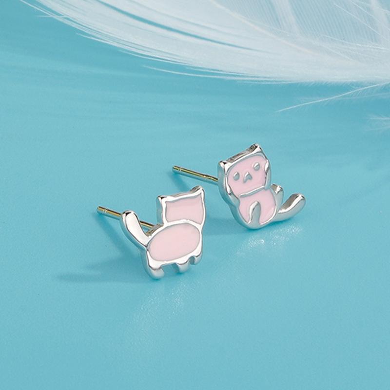 

Fashion Asymmetrical Cut Cat 925 Sterling Silver Animal Popular Stud Earrings ED016 серебряный
