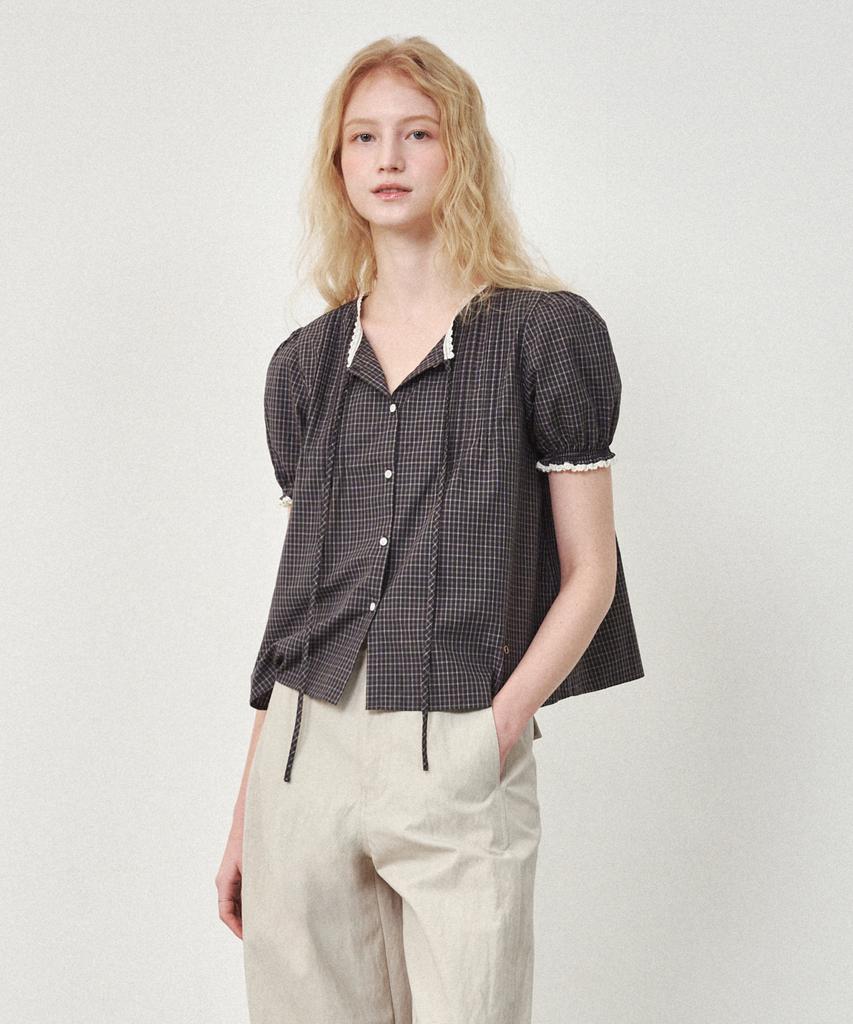 OSTKAKA Pintuck Lace Blouse Gray Check